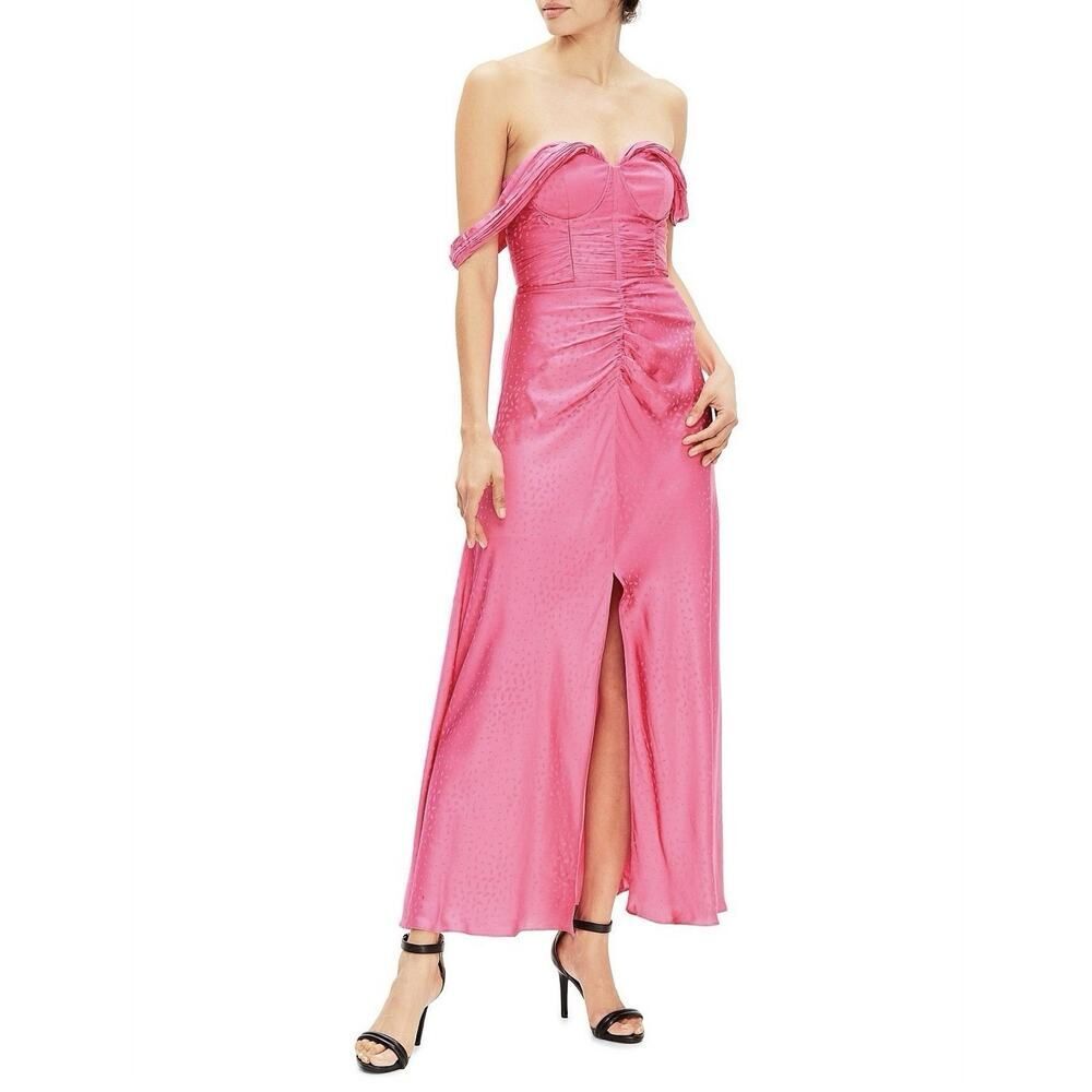 Self-Portrait Fuchsia Off Shoulder Ruched Maxi Dress US 6 S Slit A-line